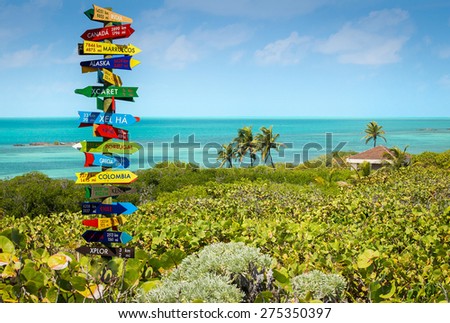 Funny direction signpost with distance to many different countries
