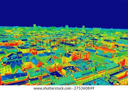 Infrared thermovision image panorama of Zagreb, showing difference temperature  Royalty-Free Stock Photo #275360849