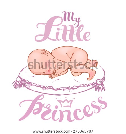 Illustration of sleeping newborn baby girl with decorative hand drawn lettering