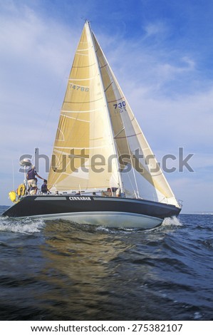 Midshipmen from the U.S. Naval Academy practice sailing skills in Chesapeake Bay, near Annapolis, Maryland