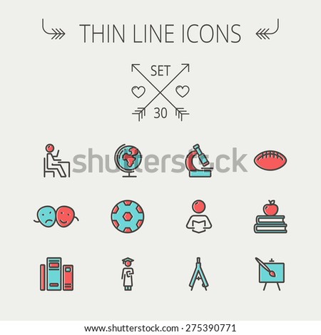 Education thin line icon icon set for web and mobile. Set includes-apple, books, binders, football ball, mask, global icons. Modern minimalistic flat design. Vector icon with dark grey outline and