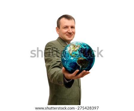 man holds in hand the planet the isolated. Elements of this image furnished by NASA.