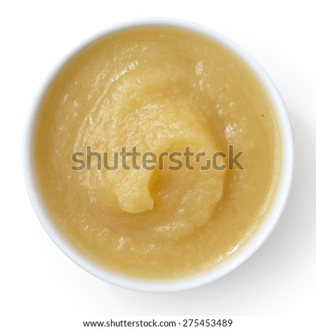 White ceramic dish of apple sauce on white. Royalty-Free Stock Photo #275453489