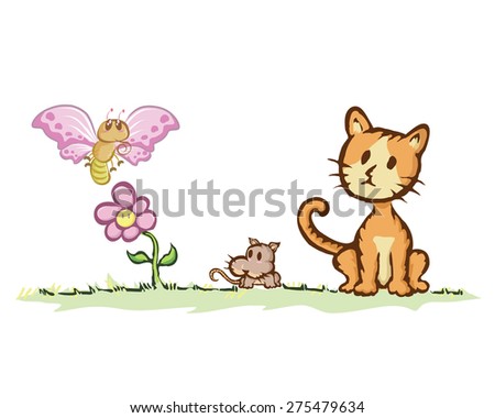 Cat and rat with butterfly / Cartoon drawing.