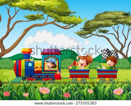 Children riding on train in the forest