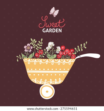 Sweet garden. Decorative greeting card with garden elements and flowers