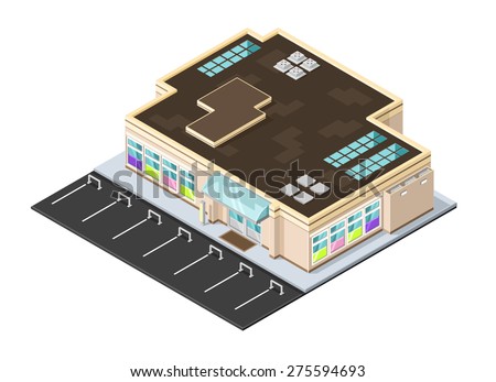 A vector illustration of a supermarket food retail shop.
Isometric Supermarket Retail.
Isometric grocery store.