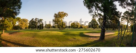 Huge Panorama of Golf Scene, Sunset gold Players. Panoramic View.