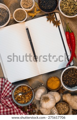 Selection of Cooking Spices with an Open Recipe Book - Blank Pages - Space for Text