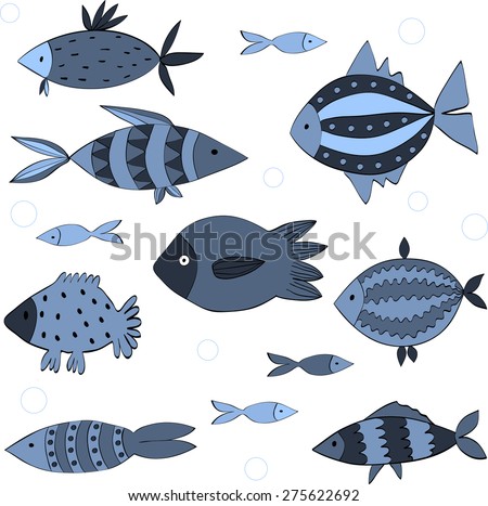 Cartoon fish set. Hand drawn illustration made in vector.