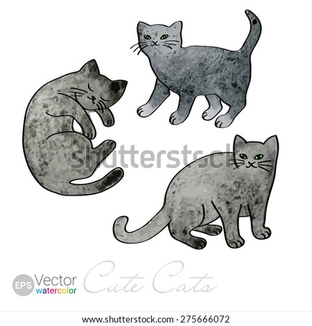 Vector Watercolor Cute Gray Cats. Set of Three Painted Illustrations