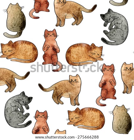 Vector Seamless Pattern with Cute Cats for Children on the White Background. Watercolor Texture 