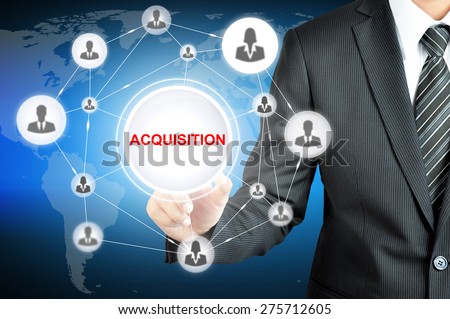 Hand pointing to ACQUISITION sign  with businesspeople icon network on virtual screen
