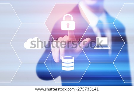business, technology and internet concept - businessman pressing security button on virtual screens