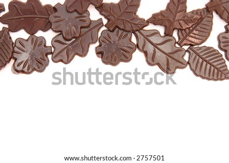 dark chocolate leaves on white with copy space