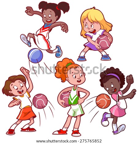 Cartoon girls playing dodgeball. Vector clip art illustration on a white background.