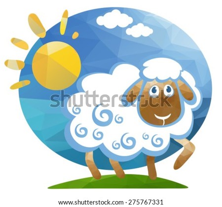 Stylized cartoon sheep and sun on a blue background.