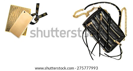 Fashion mock up with business lady accessories black bag and golden mobile phone. Feminine objects on white background. Shopping concept