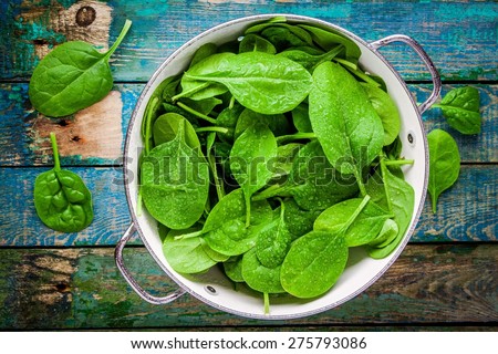 raw fresh spinach with drops in a colander on a rustic wooden table Royalty-Free Stock Photo #275793086