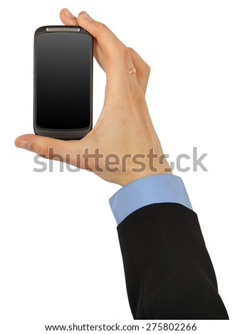 Black mobile phone in male hand isolated on white background