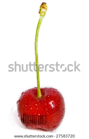 A single red cherry still on its stem covered with water droplets. A generic (not real) bar code printed on the cherry.