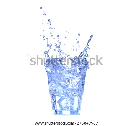Glass of water, ice and slice of fresh lemon on a white background