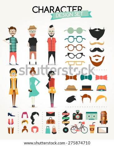 Different type of boy and girl character design set. info graphic concept background with icons. Hipster style.