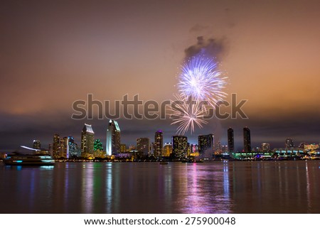 4th of July Fireworks over San Diego skyline. Long exposure night capture.