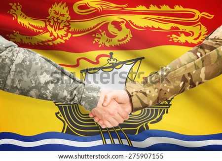 Soldiers handshake and Canadian province flag - New Brunswick
