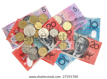 Australian money, scattered.  Overhead view, isolated on white.