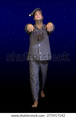 Sleeping man walks in pajamas at night. Sleepwalker goes forward with hands outstretched. Somnambulist in pajamas walking in front look. Sleepwalker walking at dark background. 