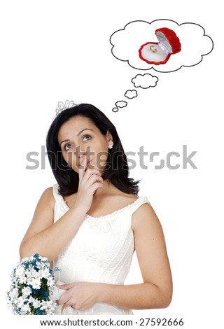 Pretty girlfriend with bouquet of flower thinking isolated over white