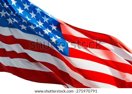 The American flag in the wind  on a white background