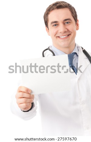 Happy doctor with stethoscope, isolated on white