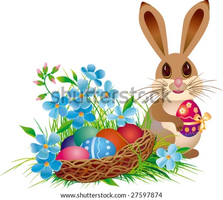 Easter basket and rabbit with egg