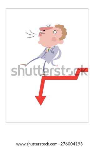 Businessman about to fall from falling market arrow