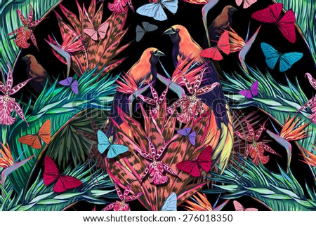 Beautiful fashionable seamless floral jungle pattern background. Watercolor exotic birds, tropical flowers, palm leaves and plants, butterflies, bird of paradise flower, orchid, exotic print