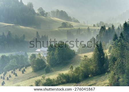 Morning fog in Gorce Mountains, part of Beskidy Mountains south of Poland Royalty-Free Stock Photo #276041867