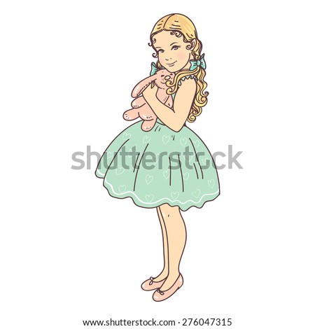 Cute little girl with bunny.Stock illustration isolated on white background.