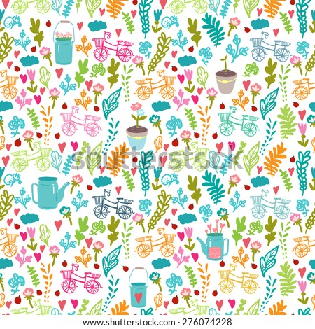 Vector seamless pattern with flowers, fern, leaf, heart, apple, bicycle and gardener
