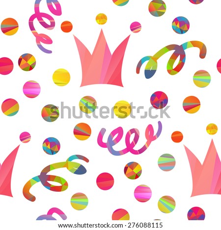 seamless pattern with carnival crown, confetti, streamers different forms and color stripes