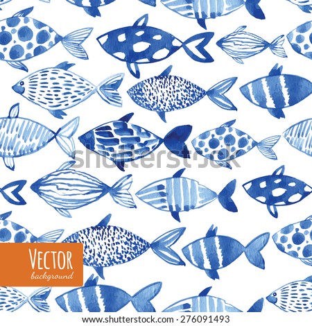 Light watercolor blue fishes on the black background. Seamlessly tiling fish pattern. Vector. Royalty-Free Stock Photo #276091493