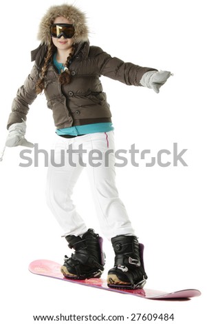 Girl posing with snowboard photo over white background