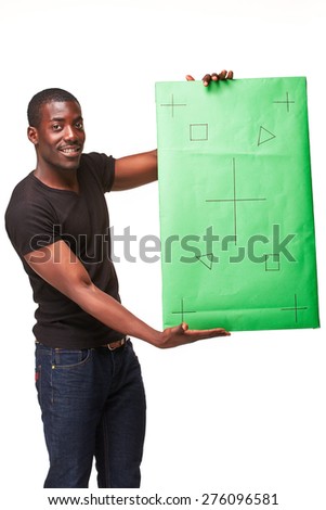 The smiling african man as black businessman with green panel, isolated on white background. Positive human emotions and advertising of something