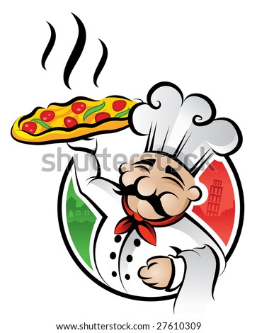 Illustration of an italian cartoon chef with a freshly baked pizza