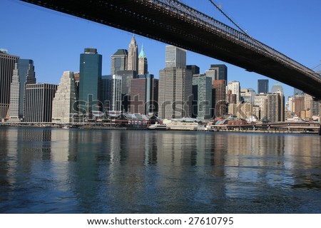 Lower Manhattan skyline as seen from Under the Brooklyn Bridge.