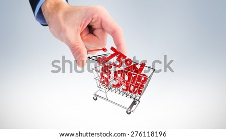 Businessman measuring something with these fingers against white background with vignette