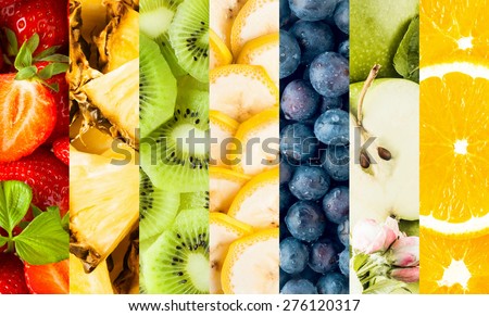 Colorful collage of assorted tropical fruit with vertical bands displaying strawberries, pineapple, banana, blueberries, apple and oranges for a food background