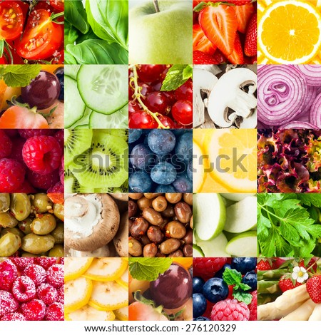 Colorful fruit and vegetable collage food background with assorted fall berries, basil, apple, orange, cucumber, mushroom, onion, olives, kiwifruit, banana, lettuce and parsley in square format