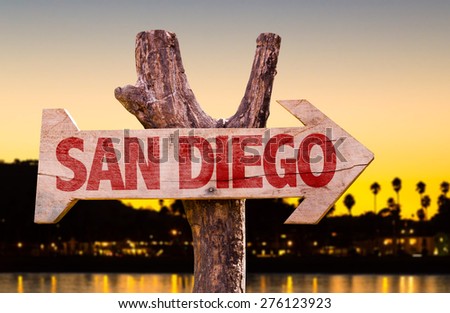 San Diego wooden sign with sunset background